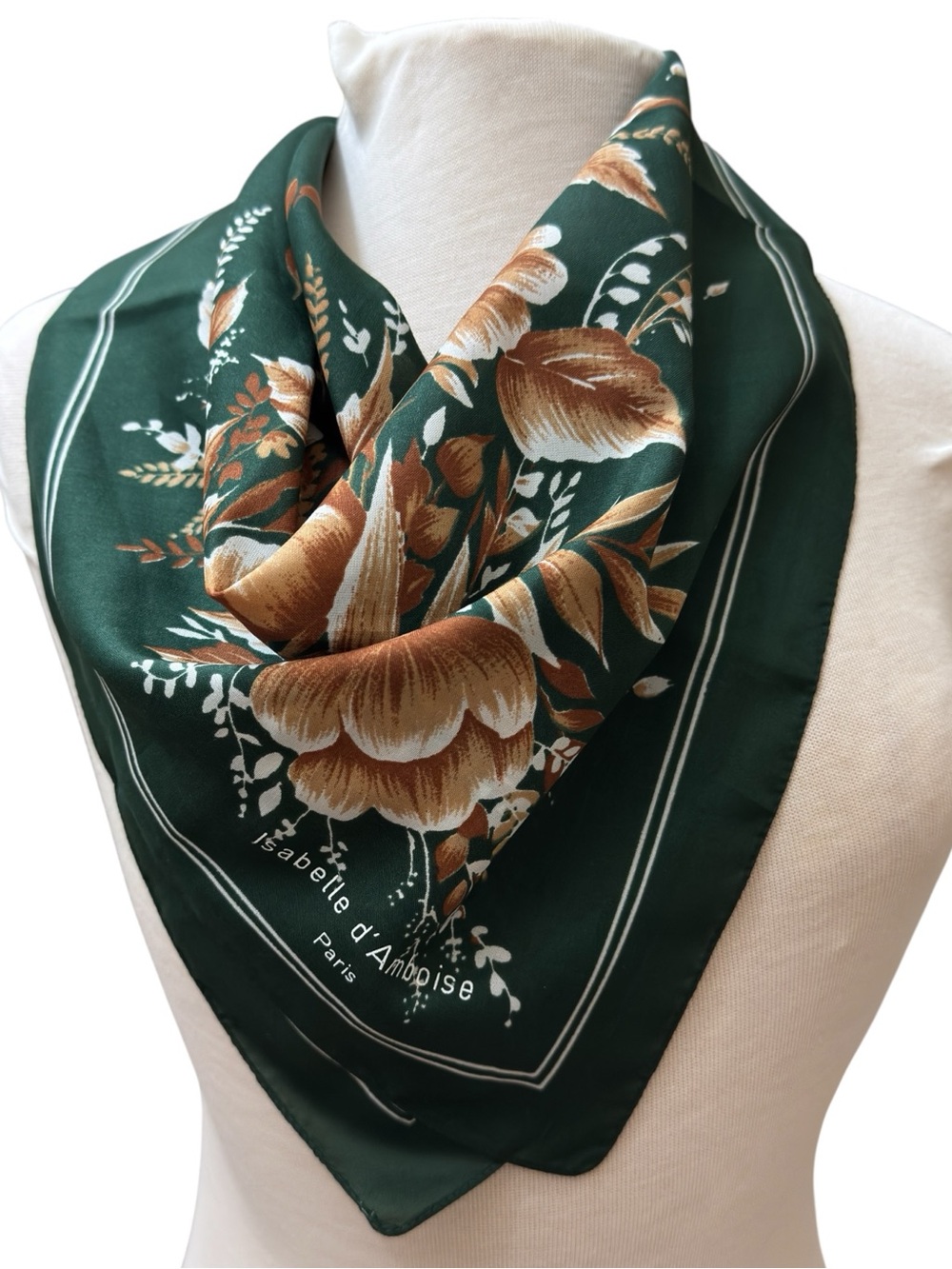 Vintage Isabelle d’Amboise Paris Green Floral Square Scarf 27” French Designer